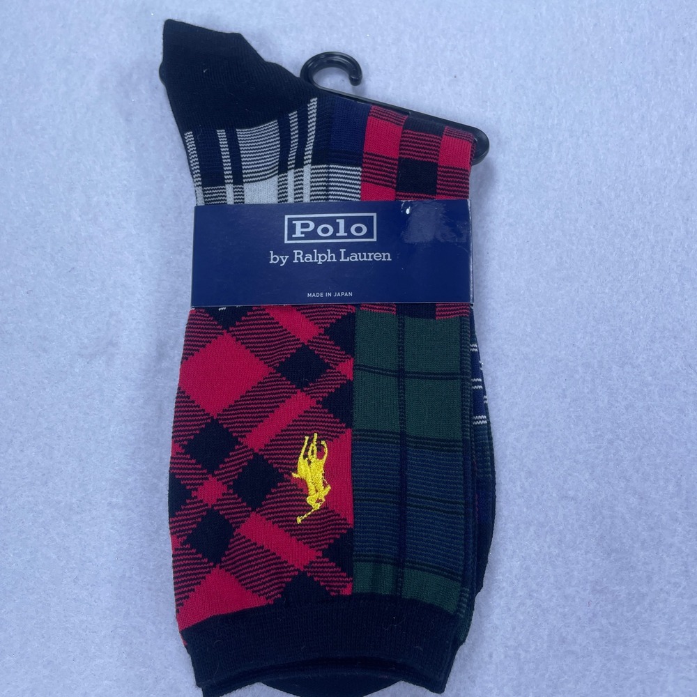 Polo Ralph Lauren Patchwork Plaid Crew Socks Red Green Yellow Pony Made in Japan
